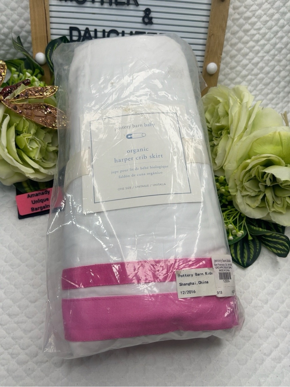 Pottery Barn White Crib Skirt with Pink Band Trim